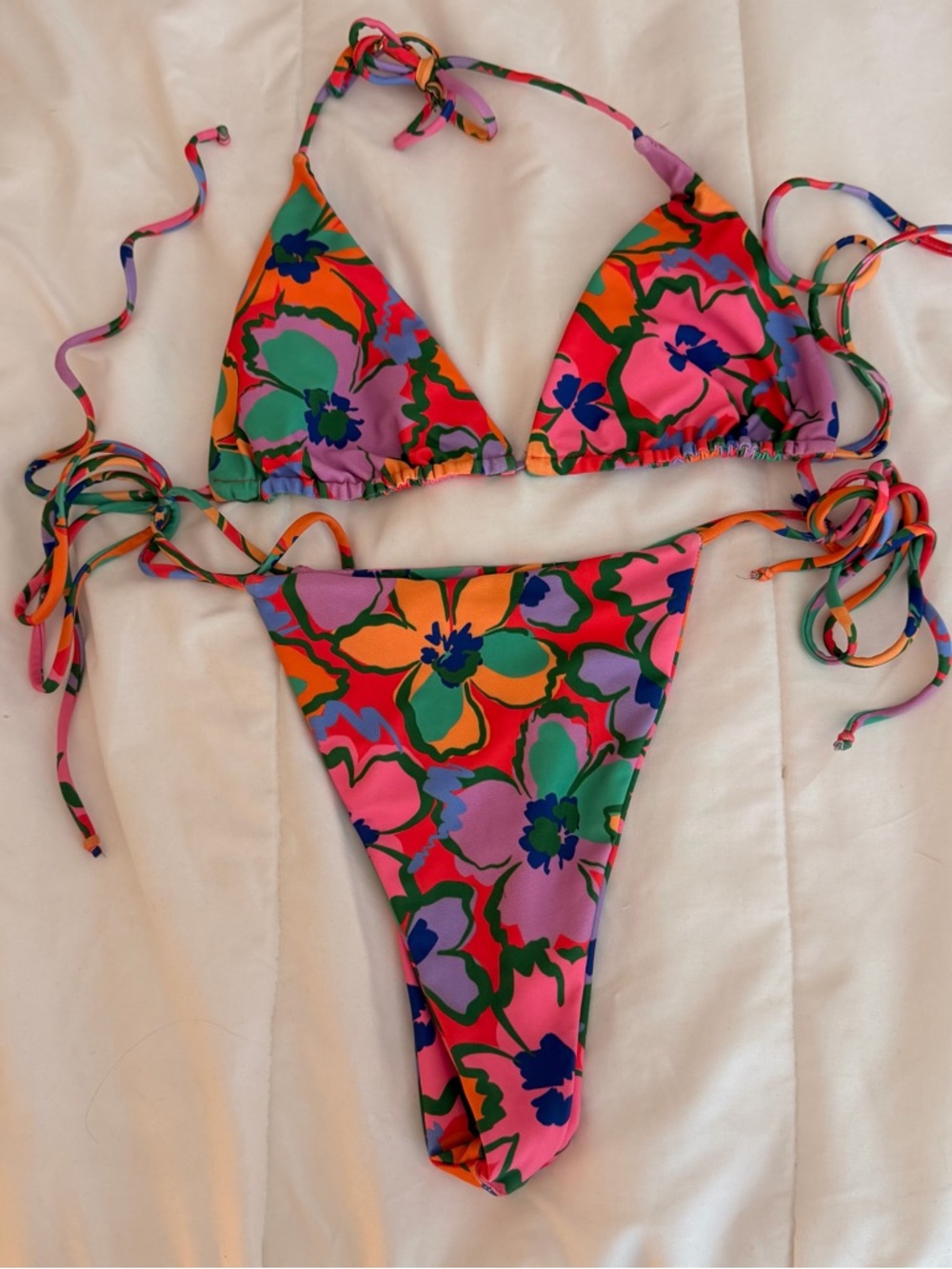 Skatie Floral Print Triangle Bikini in Pink, Orange, Green, Purple